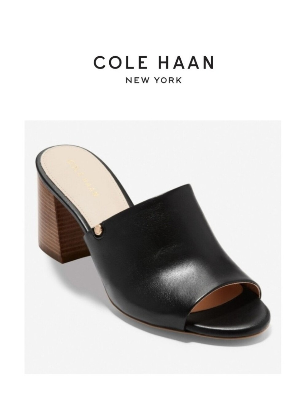 {Cole Haan} Black Daina Stacked Chunky Heel Mules Open Toes Leather (Size 7.5)